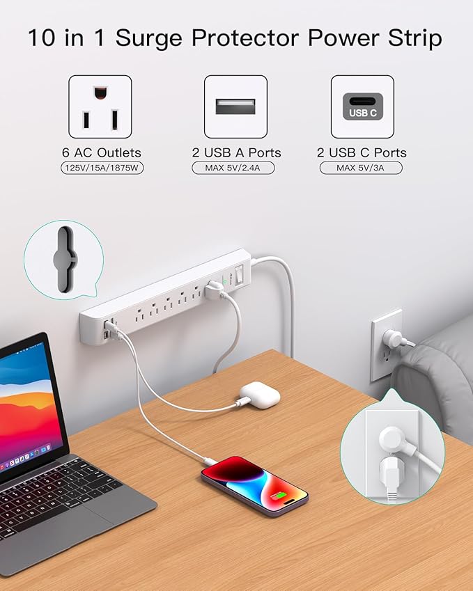 2 Pack Power Strip, 15FT Long Extension Cord, Surge Protector - Image 2