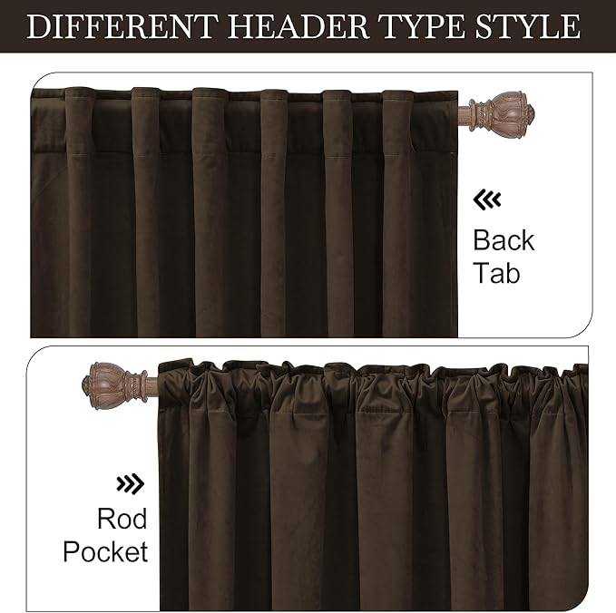 RYB HOME Brown Velvet Curtains 102 inches, Back Tab Soft Fabric Room Darkening - Image 2