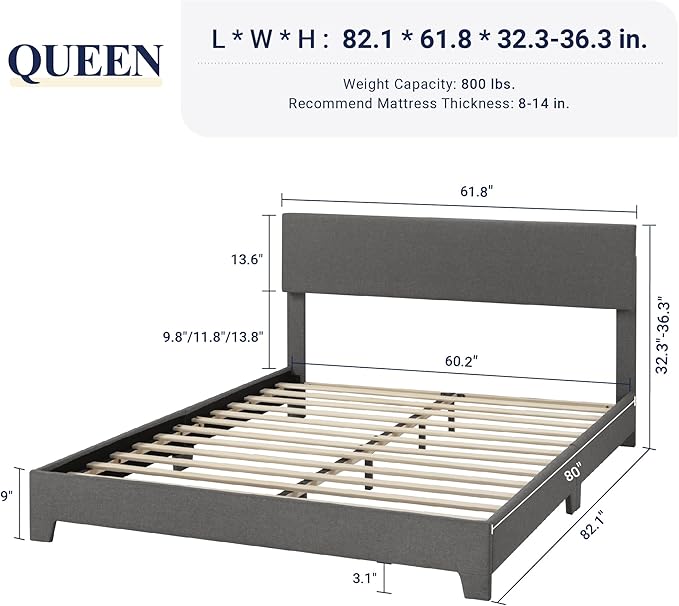 Allewie Queen Bed Frame with Adjustable Headboard, Upholstered Platform Bed - Image 2