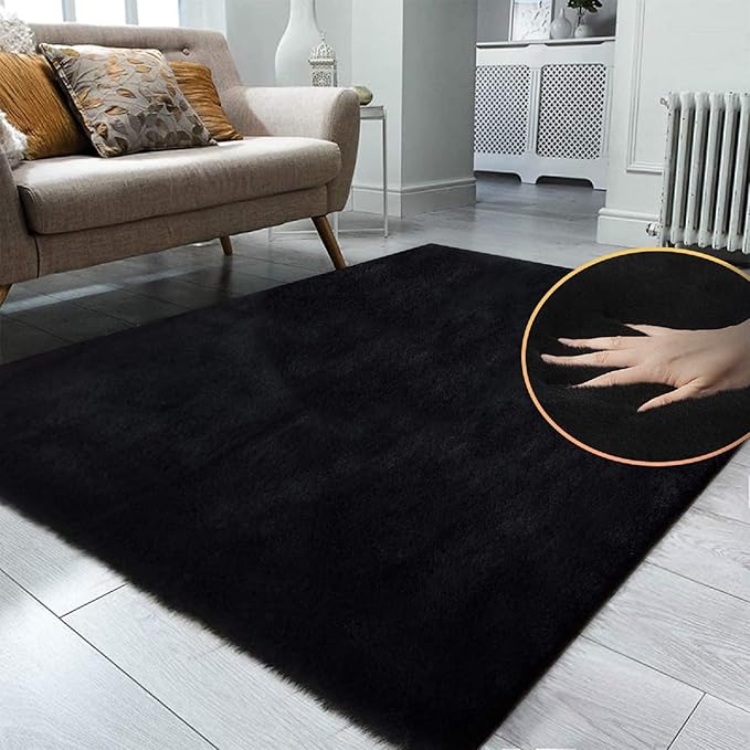 Black Fluffy Living Room Furry Rugs - Image 2