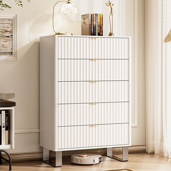 Fluted 5 Drawers Dresser, Wood Storage Organizers by LegacyAmerhomeDirect