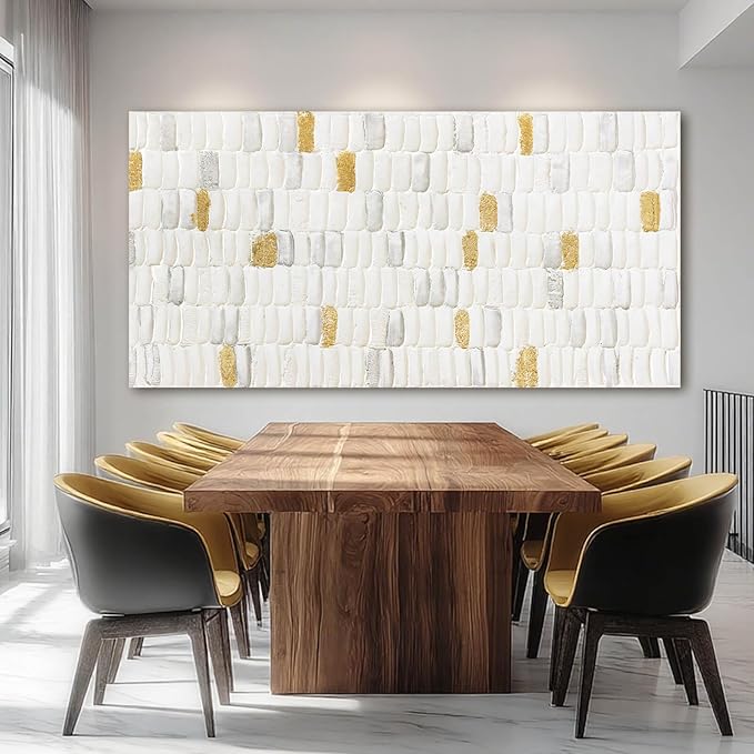 YETHEN WAL White and Gold Textured Wall Art 29x58, Hand-Painted Neutral - Image 6