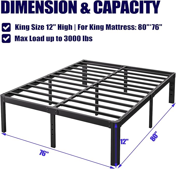 Hunlostten 12" High King Bed Frame No Box Spring Needed, Heavy Duty King - Image 2