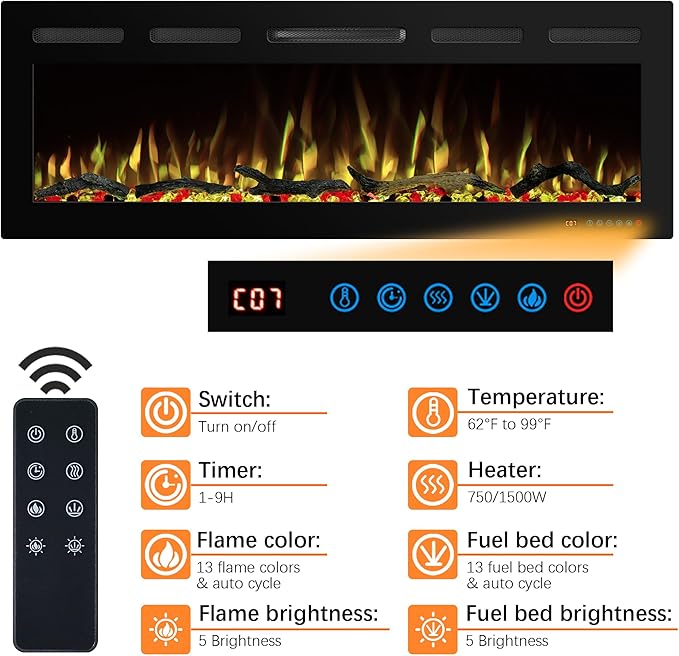 74" WiFi Electric Fireplace Inserts, Recessed and Wall Mounted Fireplace Heater - Image 2