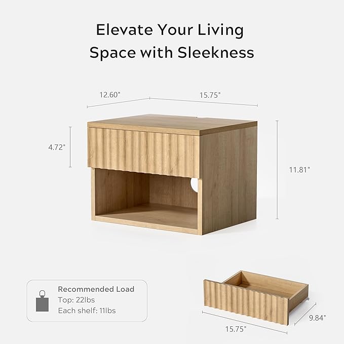 Floating Nightstand with Drawer, Modern Small Night Stand with Fluted Door and - Image 2