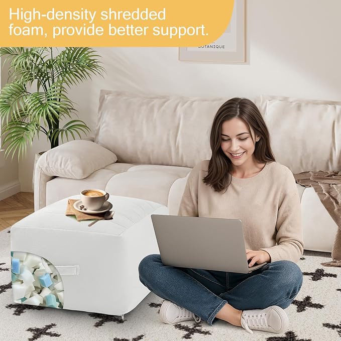 MeMoreCool Square Stuffed Pouf Ottoman Foot Rest, Floor Pouf Foot Stool - Image 4