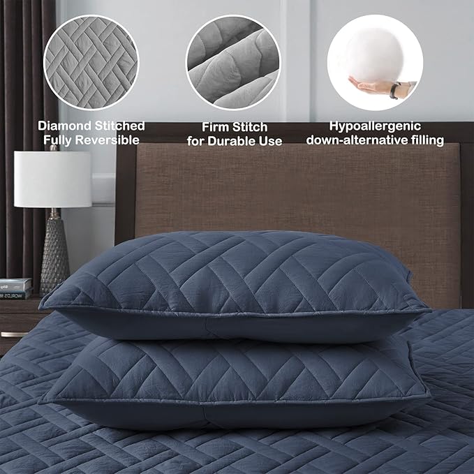 HORIMOTE HOME Quilt Set Queen Size Navy Blue, Classic Geometric Diamond - Image 4