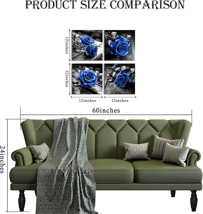VANSEEING 4 Pieces Blue and Black Rose Flower Canvas Wall Art Floral Pictures - Image 2