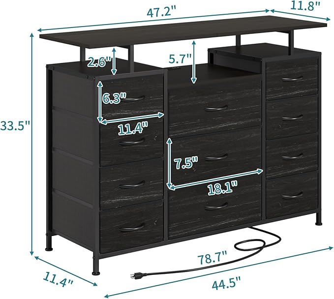 LUMTOK 11 Drawers Dresser with Fabric Drawers, Charging Station, LED Lights and - Image 2