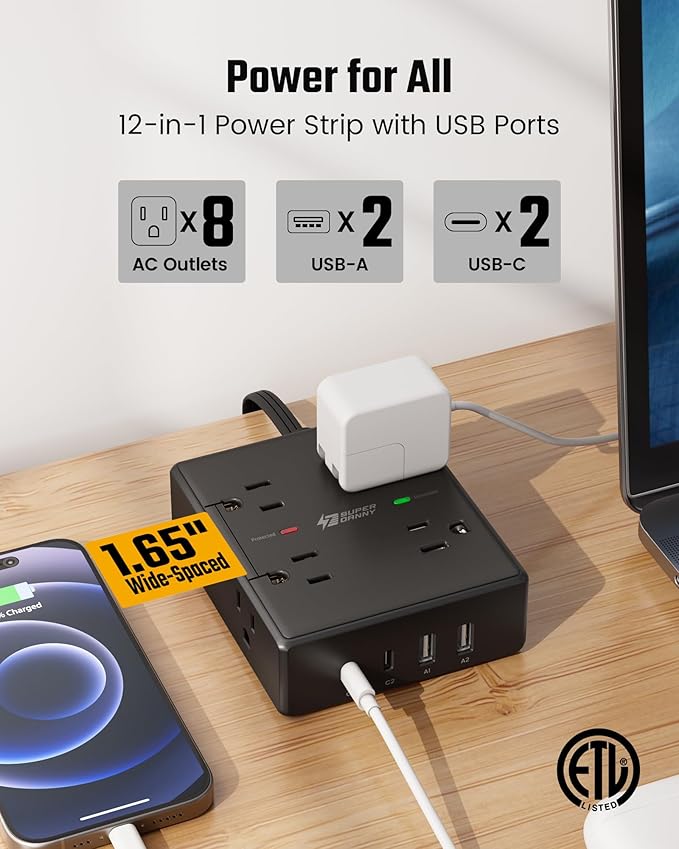 20Ft Long Extension Cord, Flat Plug Power Strip Surge Protector, 8 Outlet 4 USB - Image 3
