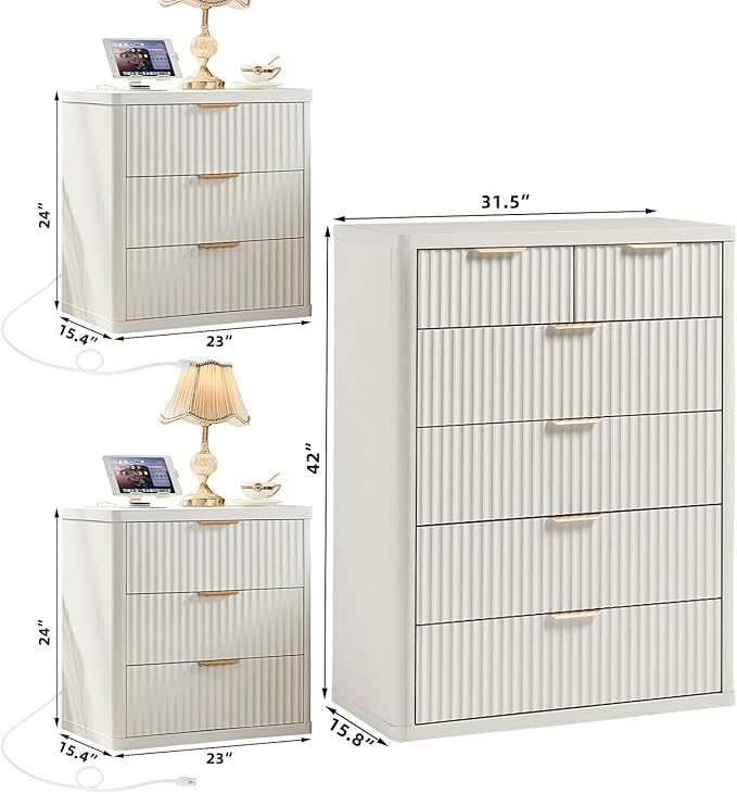 LEYAOYAO 42" Tall Fluted Dresser and 3 Drawers 23" Nightstand Set of 2 - Image 3