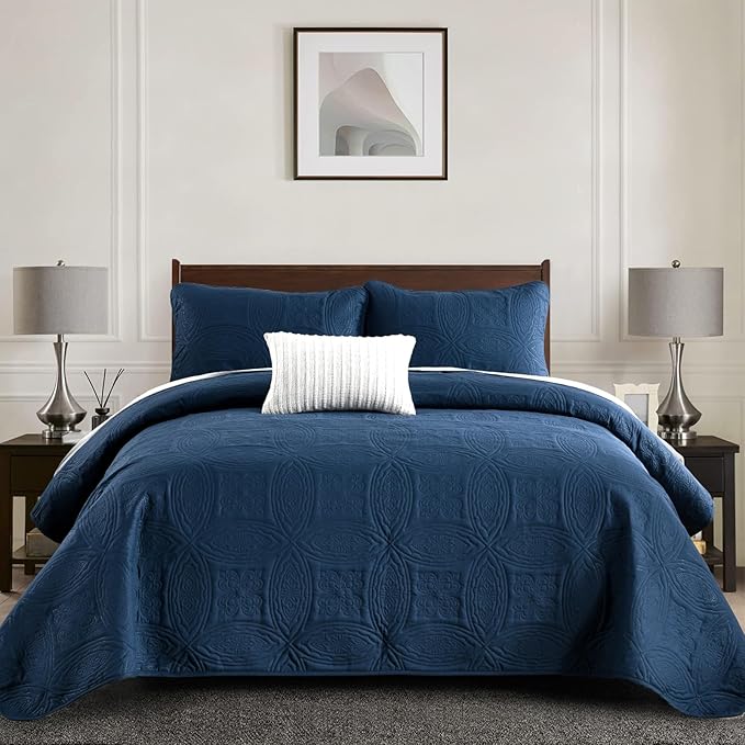 Yiran Navy Blue Quilt Set King Size Lightweight Bedspread Embossed Pattern Soft - Image 2
