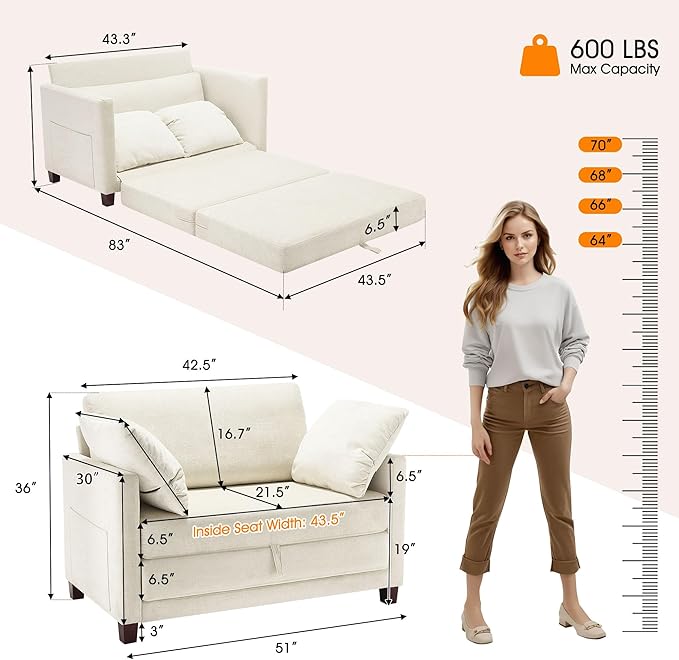 51" Loveseat Sleeper Sofa Bed, Chenille Convertible Floor Sofa Bed - Image 2