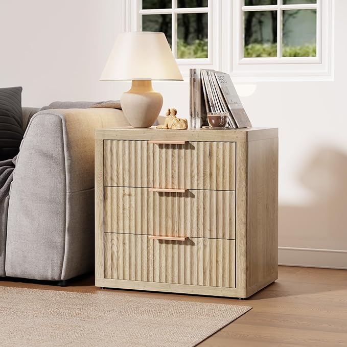 Night Stand with 3 Drawers, Fluted Bed Side Table with Metal Handle, End Table - Image 7