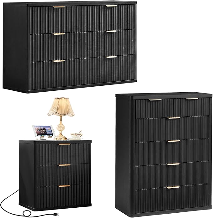 LEYAOYAO Fluted Dressers & Nightstand Set of 3, Wood 48" Wide Dresser & 42" by LEYAOYAO-Findtheshiningpointofyourideallife%EF%BC%81