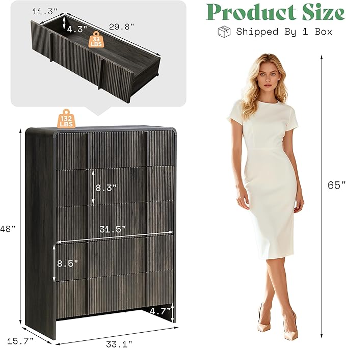 AMERLIFE Fluted 5 Drawer Dresser, Rounded Corners & Anti-Tip Design, Wood - Image 2