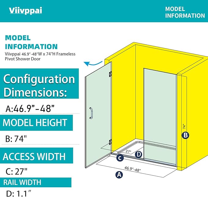 Pivot Swing Shower Door, Adjustable Width 48" W x 74" H Semi-Frameless Shower - Image 3