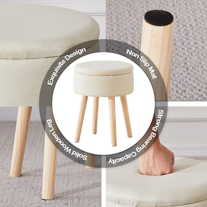 Mxfurhawa Storage Ottoman Linen Round Vanity Stool Tray Top Modern Foot Stool - Image 7