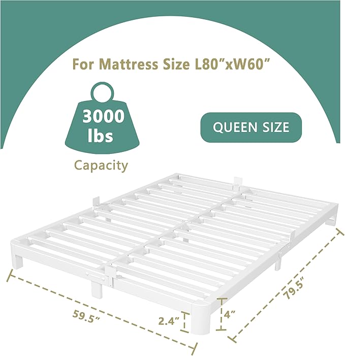 ITIMIDI 4 Inch White Queen Bed Frame, Metal Platform Bed Frames - Image 2