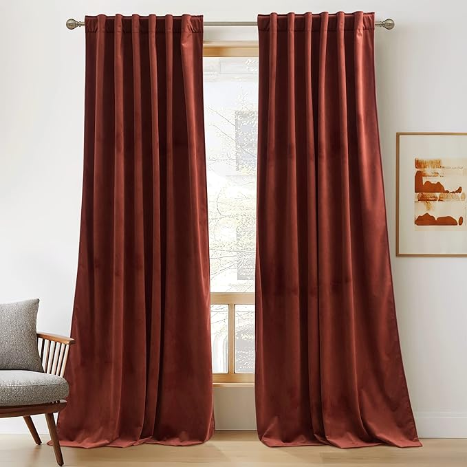 RYB Home Rust Red Velvet Curtains 108 inches Long, Thermal Insulated Panel by RYBHOME