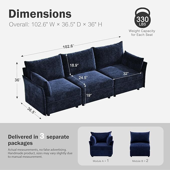 ABCASA 102.6" Modular Sectional Sofa, Oversized 3-Seater Blue Couch - Image 2