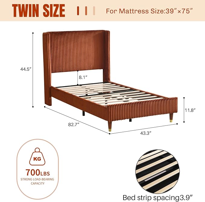 PINJU Twin Size Bed Frame, Upholstered Platform Bed - Image 2
