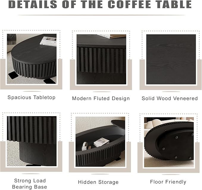 Oval Coffee Table with Storage, Modern Black Coffee Table with Solid Wood - Image 4