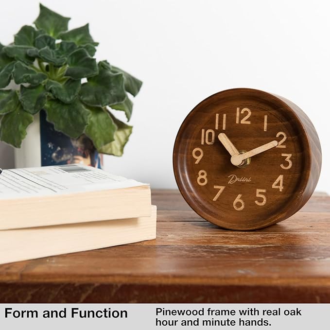 Driini Wooden Analog Desktop Clock – 4.3 in. Decorative Pinewood, No-Tick - Image 2
