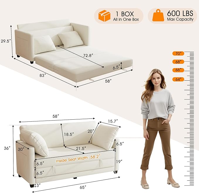 65" Loveseat Sleeper Sofa Bed, Chenille Convertible Sofa Bed - Image 2