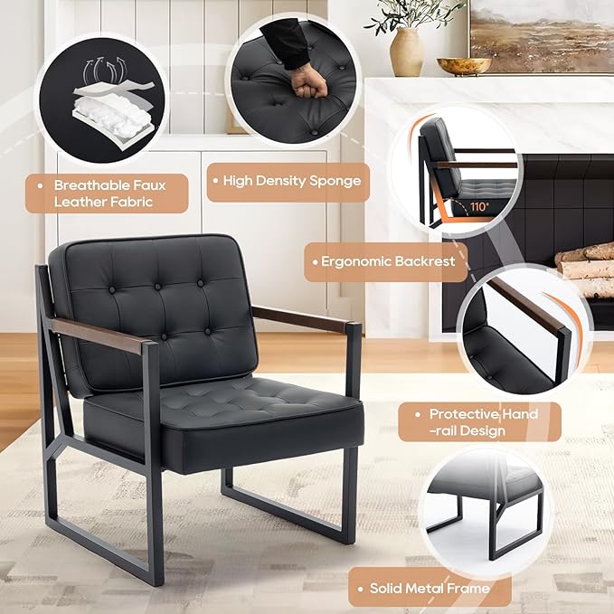 COLAMY Black Leather Accent Chair, Accent Arm Chair - Image 5