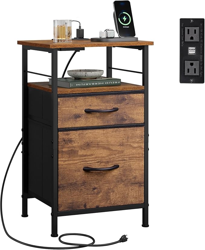 WLIVE Nightstand with Charging Station, End Table with 2 Fabric Drawers by WLIVE