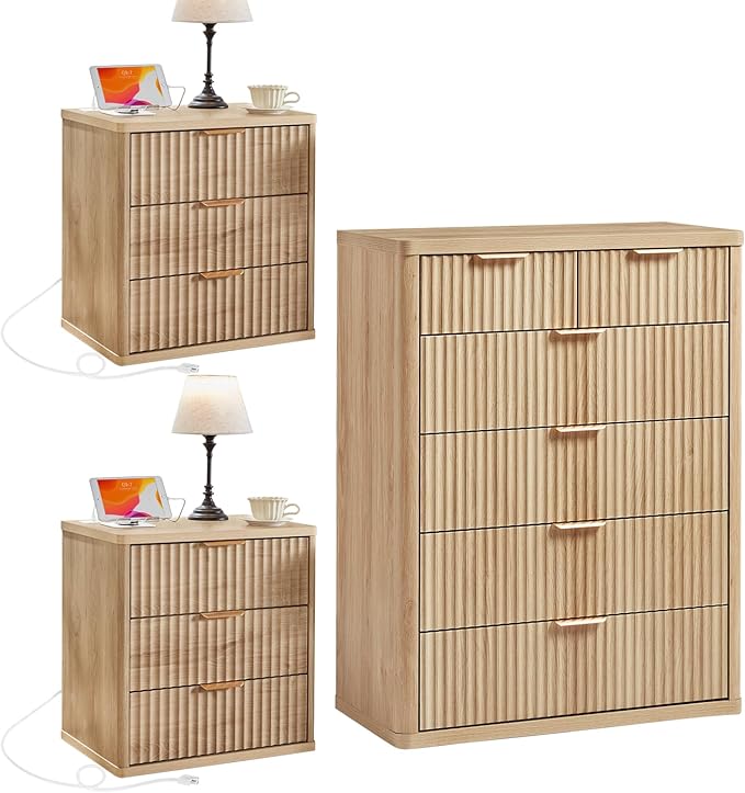 LEYAOYAO 42" Tall Fluted Dresser and 3 Drawers 23" Nightstand Set of 2 by LEYAOYAO-Findtheshiningpointofyourideallife%EF%BC%81