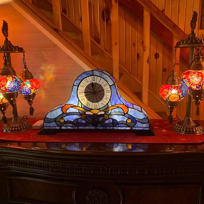 Bieye L10661 Baroque Desk Clock Tiffany Style Stained Glass Accent Table Lamp - Image 6