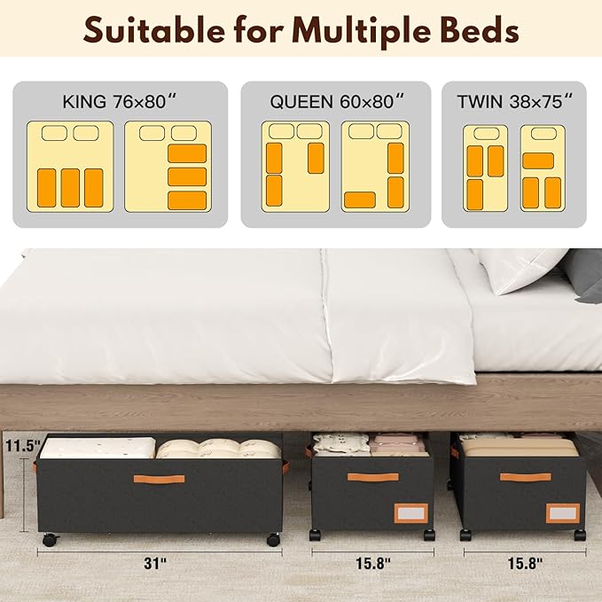 Under Bed Storage with Wheels, 12inch Tall Under Bed Storage XXL 80L, Under Bed - Image 6