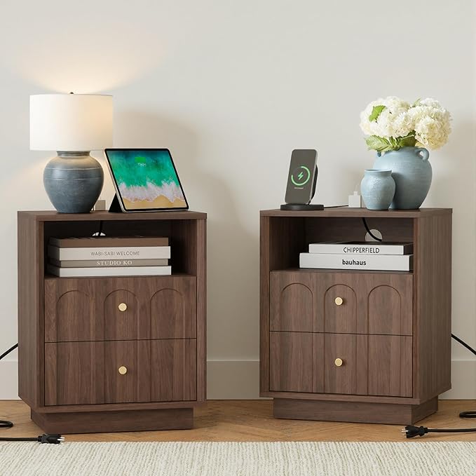 Nightstand Set of 2 with Charging Station, Mid Century Modern Nightstand with by FORTUNETEC