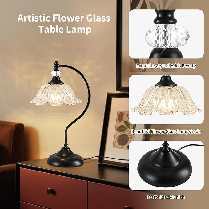 Table Lamp for Bedroom, Crystal Glass Beside Lamp, Plug in Dimmable Black Lamp - Image 2