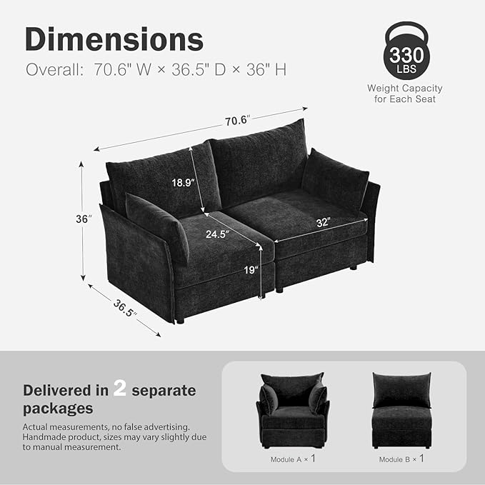 ABCASA Oversized Loveseat Sofa, Modern Modular Sectional Couch Black Fluffy - Image 2