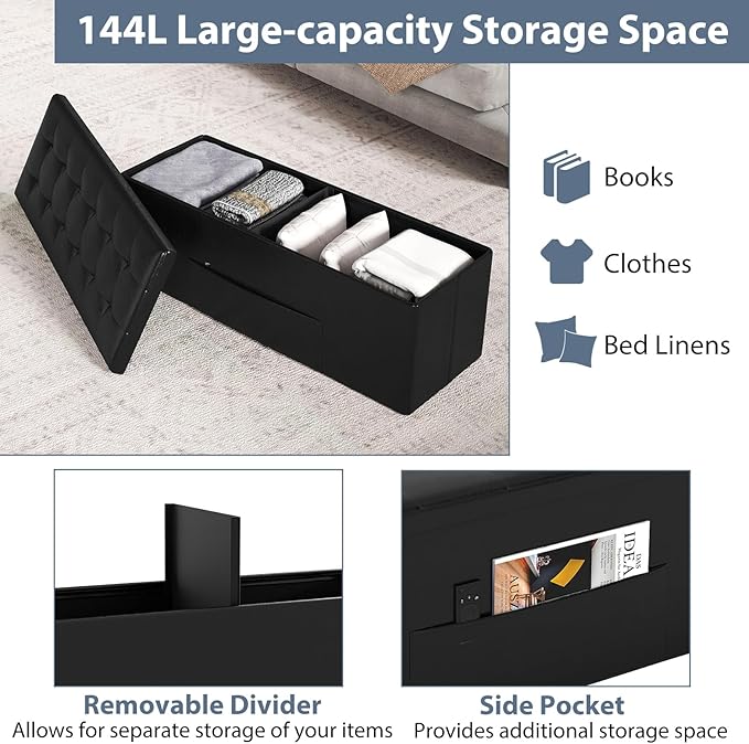 Giantex 43 Inches Folding Storage Ottoman Bench, Upholstered PU Leather Storage - Image 5