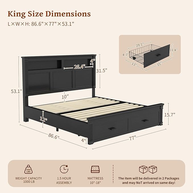 53" Tall King Bed Frame with Headboard and Storage, 2 Drawers and LED Built in - Image 2