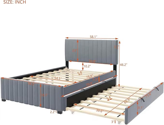 Full Bed Frame with Trundle Bed, Velvet Upholstered Platform Bed Frame - Image 2