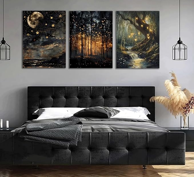 Tranquil Night Forest Framed Canvas Posters Set of 3 Wall art, Moon Fireflies - Image 9