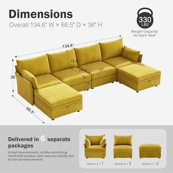 ABCASA 134.6" Oversized Modular Sectional Sofa, 6 Seater U Shaped Couch - Image 2