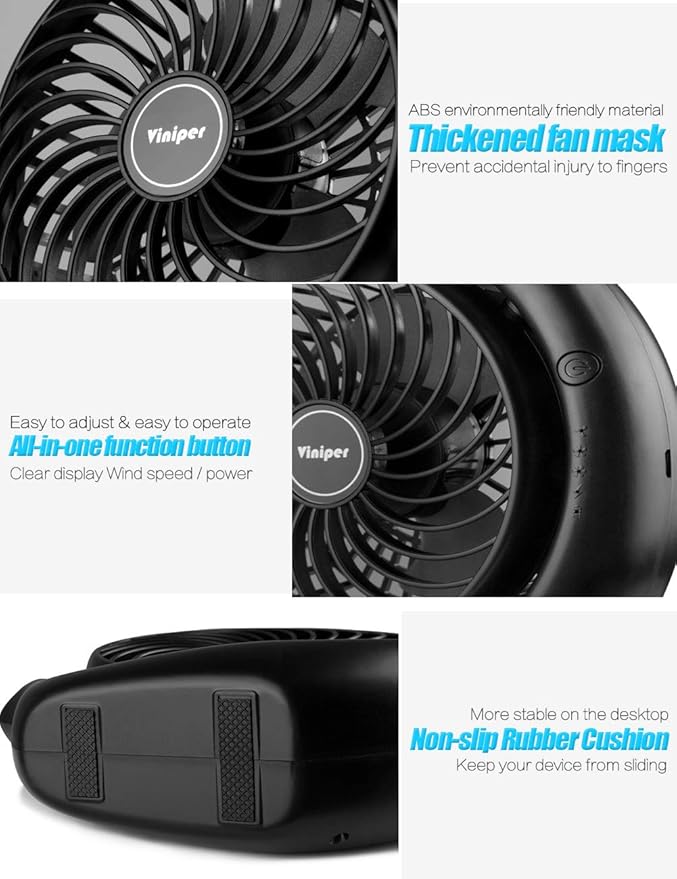 Viniper Portable Rechargeable Fan, Small Desk Fan : 3 Speeds & about 8-24 Hours - Image 5