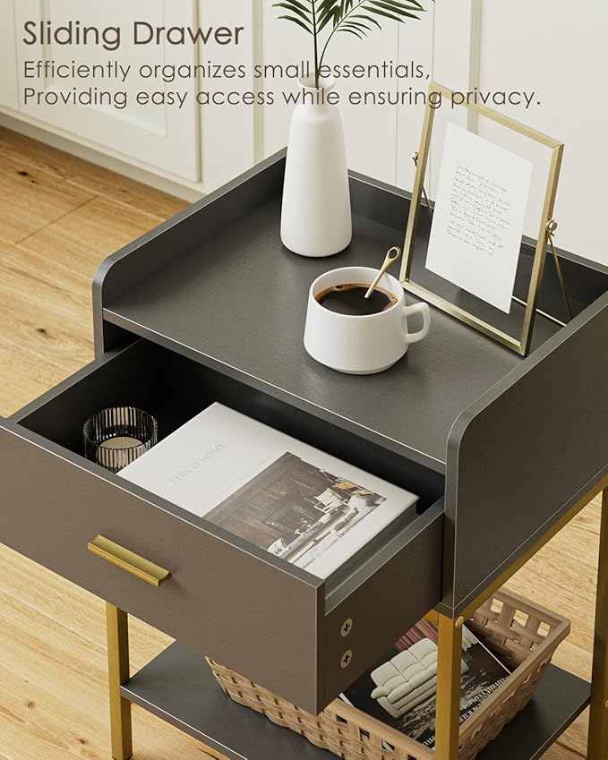 Masupu Gray Nightstand, 3-Tier Modern Bedside Table Night Stand - Image 6
