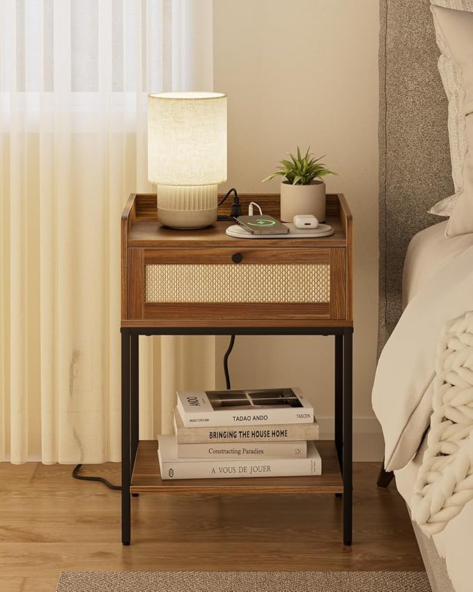Masupu Nightstand with Charging Station, Modern Bedside Table Night Stand with by Masupu