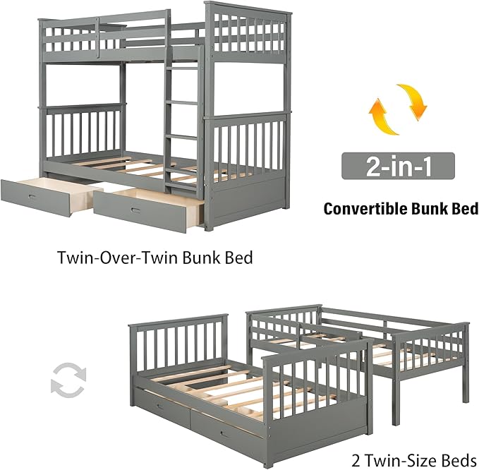 Merax Wood Bunk Bed with Drawers, Convertible Wood Bunk Bed with Ladders and - Image 5