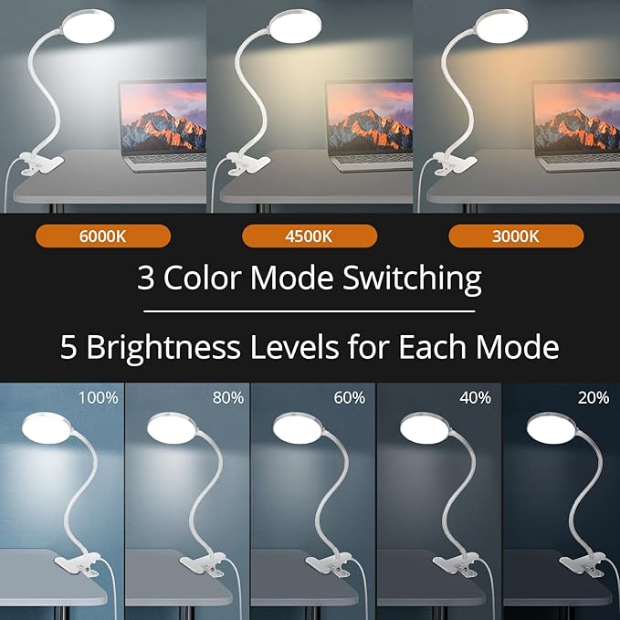 Reading Light with Remote, LED Desk Lamp Clip on RA>95 Dimmable Flexible - Image 2