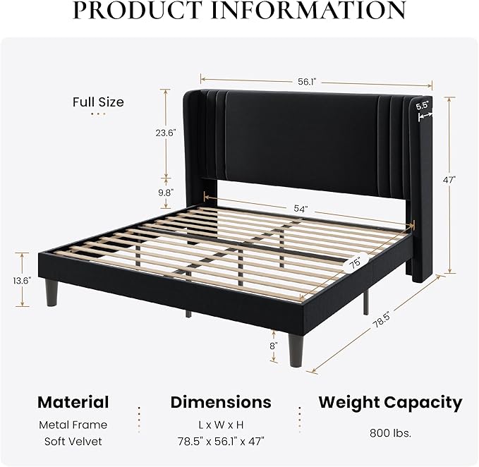 SHA CERLIN Full Size Velvet Upholstered Platform Bed Frame - Image 2