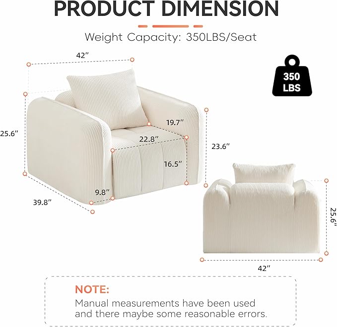 Oversized Boneless Corduroy Accent Chair, Comfy Deep Seat Armchair - Image 2
