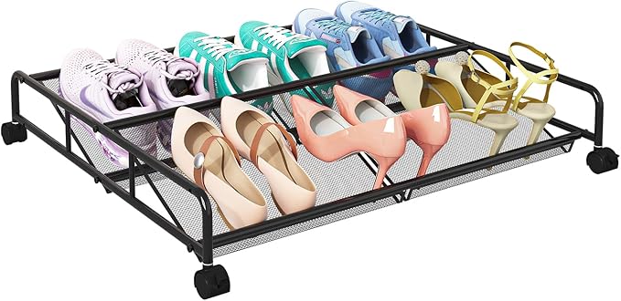 Under Bed Shoe Storage Organizer, Metal Mesh Under Bed Storage Containers by KOSIWU